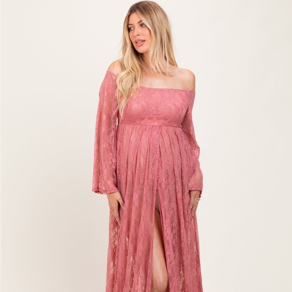 Elegant Pink Lace Off-Shoulder Maternity Photoshoot Dress